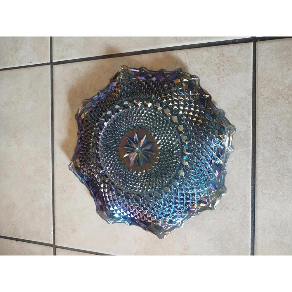 Vintage Glass Blue Iridescent Diamond Cut Carnival Glass 10 1/4" Serving Dish - Picture 3 of 4